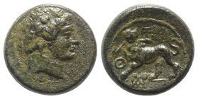 Lydia, Sardeis, 2nd-1st century BC. Æ (16mm, 5.40g, 12h). Head of Dionysos r., wearing ivy wreath. R/ Horned panther standing l., head facing, breakin...