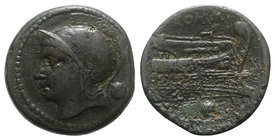 Anonymous, Rome, c. 217-215 BC. Æ Uncia (24.5mm, 11.86g, 1h). Helmeted head of Roma l. R/ Prow of galley r. Crawford 38/6; RBW 98-9. Roughness, Good F...