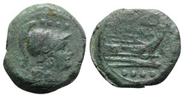 Anonymous, Rome, after 211 BC. Æ Triens (25mm, 13.74g, 3h). Helmeted head of Minerva r. R/ Prow of galley r. Crawford 56/4; RBW 206. Green patina, Goo...