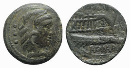 Anonymous, Rome, after 211 BC. Unofficial Æ Quadrans (17.5mm, 3.89g, 5h). Head of Hercules r.; three pellets to r., ROMA below. R/ Prow of galley r. C...