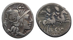 L. Cupiennius, Rome, 147 BC. AR Denarius (18mm, 3.67g, 2h). Helmeted head of Roma r.; cornucopia behind. R/ The Dioscuri, each holding spear, on horse...