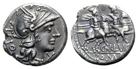 Cn. Lucretius Trio, Rome, 136 BC. AR Denarius (17mm, 3.85g, 6h). Helmeted head of Roma r. R/ Dioscuri on horseback riding r. Crawford 237/1a; RBW 978;...