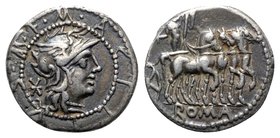 M. Acilius M.f., Rome, 130 BC. AR Denarius (18mm, 3.82g, 6h). Helmeted head of Roma r. R/ Hercules driving triumphal quadriga r., holding club and tro...