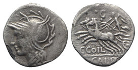 C. Coelius Caldus, Rome, 104 BC. AR Denarius (17mm, 2.58g, 6h). Helmeted head of Roma l. R/ Victory driving galloping biga l., holding reins; control ...