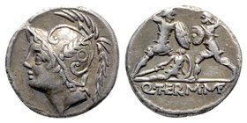Q. Minucius Thermus M. f. Roma, 103 BC. AR Denarius (17mm, 3.60g, 7h) Helmeted bust of Mars l. R/ Two warriors in combat, one on l. protecting a falle...