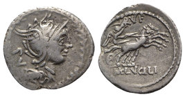 M. Lucilius Rufus, Rome, 101 BC. AR Denarius (21mm, 3.71g, 9h). Helmeted head of Roma r. within laurel wreath. R/ Victory, holding whip, in biga r. Cr...