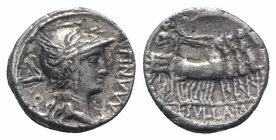 L. Sulla and L. Manlius Torquatus, Military mint moving with Sulla, 82 BC. AR Denarius (15mm, 2.88g, 5h). Helmeted head of Roma r. R/ Sulla driving tr...