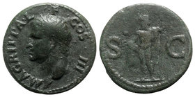 Agrippa (died 12 BC). Æ As (28mm, 10.38g, 6h). Rome, AD 37-41. Head l., wearing rostral crown. R/ Neptune standing l., holding small dolphin and tride...