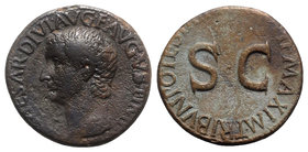 Tiberius (14-37). Æ As (26mm, 11.10g, 6h). Rome, AD 21-2. Bare head l. R/ SC in field. RIC I 44. Near VF
