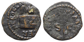 Nero (54-68). Æ Quadrans (13mm, 1.70g, 6h). Rome, c. 64 AD. Owl standing facing on garlanded altar. R/ Laurel-branch. RIC I 258. Good Fine