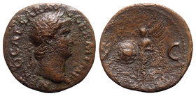 Nero (54-68). Æ As (27mm, 10.85g, 6h). Rome, c. AD 65. Laureate head r. R/ Victory flying l., holding shield inscribed S P Q R. RIC I 312. Good Fine