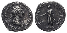 Trajan (98-117). AR Denarius (19mm, 3.01g, 6h). Rome, 114-7. Laureate and draped bust r. R/ Genius standing facing, nude, head l., holding patera in r...