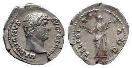 Hadrian (117-138). AR Denarius (19mm, 3.27g, 6h). Rome, c. 134-8. Bare head r. R/ Felicitas standing l., holding caduceus and cornucopia. RIC II 233; ...