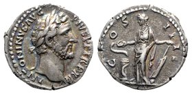 Antoninus Pius (138-161). AR Denarius (18mm, 3.47g, 6h). Rome, 148-9. Laureate head r. R/ Salus standing l., feeding snake coiled round altar and hold...