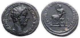 Marcus Aurelius (161-180). Æ As (27mm, 9.87g, 6h). Rome, 176-7. Laureate head r. R/ Securitas enthroned l., holding sceptre in r. hand and resting l. ...