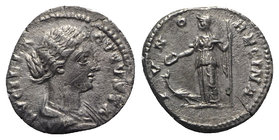 Lucilla (Augusta, 164-182). AR Denarius (19mm, 3.28g, 6h). Rome, AD 164. Draped bust r. R/ Juno standing l., holding patera and sceptre; at feet to l....