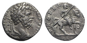 Septimius Severus (193-211). AR Denarius (16mm, 2.23g, 6h). Rome, 198-200. Laureate head r. R/ Septimius on horseback rearing r., holding spear. RIC I...