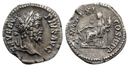 Septimius Severus (193-211). AR Denarius (18mm, 3.25g, 6h). Rome, AD 203. Laureate head r. R/ Fortuna seated l., holding rudder and cornucopia; wheel ...