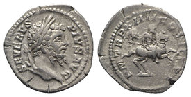 Septimius Severus (193-211). AR Denarius (20mm, 3,01g, 6h). Rome, AD 206. Laureate head r. R/ Severus, holding spear, on horseback r. RIC IV 202; RSC ...