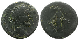 Septimius Severus (193-211). Æ Sestertius (29mm, 20.53g, 12h). Rome, 195-6. Laureate head r. R/ Fortuna standing l., holding rudder set on globe and c...