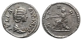 Julia Domna (Augusta, 193-217). AR Denarius (19mm, 3.26g, 12h). Rome, c. 198-207. Draped bust r. R/ Cybele, towered, seated l. on throne between two l...