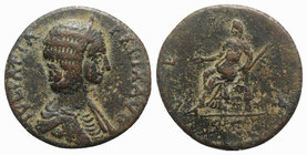 Julia Domna (Augusta, 193-217). Æ Dupondius (25mm, 7.37g, 11h). Rome, 211-7. Diademed and draped bust r. R/ Vesta seated l., holding simpulum and scep...