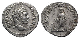 Caracalla (198-217). AR Denarius (17.5mm, 2.94g, 12h). Rome, AD 215. Laureate head r. R/ Asclepius standing facing, leaning on serpent-entwined sceptr...