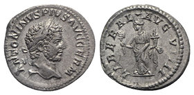 Caracalla (198-217). AR Denarius (19mm, 3.44g, 5h). Rome, AD 215. Laureate head r. R/ Liberalitas standing l., holding abacus and cornucopia. RIC IV 3...