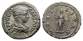 Geta (Caesar, 198-209). AR Denarius (19mm, 3.22g, 12h). Rome, c. 200-5. Bareheaded and draped bust r. R/ Nobilitas standing r., holding sceptre and pa...