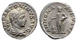 Elagabalus (218-222). AR Denarius (18mm, 2.52g, 12h). Rome, 219-220. Laureate and draped bust r. R/ Annona standing l., holding grain ears over modius...