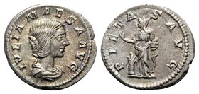 Julia Maesa (Augusta, 218-224/5). AR Denarius (20mm, 3.45g, 6h). Rome, 218-220. Draped bust r. R/ Pietas standing l., sacrificing over altar and holdi...