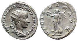 Gordian III (238-244). AR Antoninianus (21mm, 4.36g, 6h). Rome, AD 238. Radiate, draped and cuirassed bust r., seen from behind. R/ Victory advancing ...
