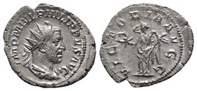 Philip I (244-249). AR Antoninianus (25mm, 4.20g, 6h). Rome, AD 244. Radiate, draped and cuirassed bust r. R/ Victory standing l., holding wreath and ...