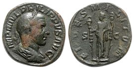 Philip I (244-249). Æ Sestertius (31mm, 23.64g, 12h). Rome, AD 244. Laureate, draped and cuirassed bust r. R/ Fides standing l., holding signum in eac...