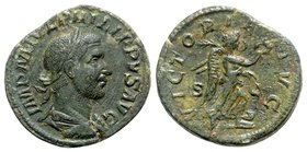 Philip I (244-249). Æ Sestertius (31mm, 18.71g, 12h). Rome, AD 244. Laureate, draped and cuirassed bust r. R/ Victory advancing r., holding wreath and...