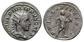 Philip II (Caesar, 244-246). AR Antoninianus (22mm, 3.72g, 2h). Rome, c. 244-6. Radiate, draped and cuirassed bust r. R/ Philip, in military attire, s...