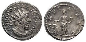 Postumus (260-269). AR Antoninianus (22.5mm, 3.04g, 6h). Treveri, 263-5. Radiate, draped and cuirassed bust r. R/ Moneta standing l., holding scales a...