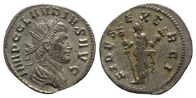 Claudius II (268-270). Radiate (21mm, 3.37g, 12h). Rome, 268-.9. Radiate and cuirassed bust r. R/ Fides standing facing, head l., holding two signa; X...