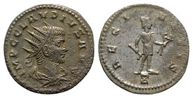 Claudius II (268-270). Radiate (20mm, 3.54g, 6h). Antioch, 268-9. Radiate, draped and cuirassed bust r. R/ Vulcan standing r., holding hammer and pinc...