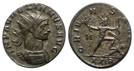 Aurelian (270-275). Radiate (21mm, 4.49g, 12h). Rome, AD 275. Radiate and cuirassed bust r. R/ Sol advancing r., holding branch and bow, trampling cap...