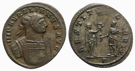 Aurelian (270-275). Radiate (24mm, 3.33g, 6h). Cyzicus, 272-274. Radiate and cuirassed bust r. R/ Aurelian standing l., holding scepter, receiving wre...