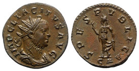 Tacitus (275-276). Radiate (22mm, 3.66g, 6h). Lugdunum, AD 276. Radiate, draped and cuirassed bust r. R/ Spes advancing l., holding flower and hem of ...