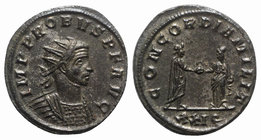 Probus (276-282). Radiate (22mm, 3.83g, 6h). Siscia, 279-80. Radiate, draped and cuirassed bust r. R/ Emperor standing r., clasping hands with Concord...