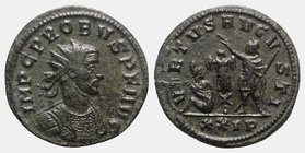 Probus (276-282) Radiate (21mm, 4.59g, 12h). Siscia. Radiate and cuirassed bust r. R/ Probus standing l., holding spear and crowning trophy, at the fo...