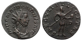 Carinus (283-285). Radiate (22mm, 4.04g, 6h). Lugdunum, 283-4. Radiate, draped and cuirassed bust r. R/ Prince standing l., holding spear and globe; D...