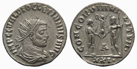 Diocletian (284-305). Æ Radiate (20mm, 3.83g, 12h). Heraclea. Radiate, draped and cuirassed bust r. R/ Aurelian standing r., holding sceptre and recei...