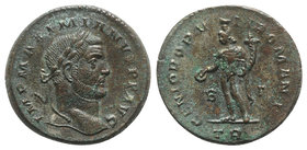 Maximianus (286-305). Æ Follis (26mm, 9.44g, 6h). Treveri, c. 296-297. Laureate head r. R/ Genius standing l., holding patera and cornucopiae; B-Γ/TR....