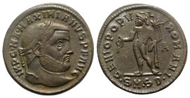 Maximianus (286-305). Æ Follis (27mm, 9.84g, 12h). Serdica, 303/4-305. Laureate head r. R/ Genius standing l., holding patera and cornucopia; –/A//•SM...