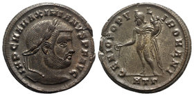 Maximianus (286-305). Æ Follis (29mm, 10.41g, 12h). Heraclea, 297-8. Laureate head r. R/ Genius standing l., holding patera and cornucopia; HTΓ. RIC V...