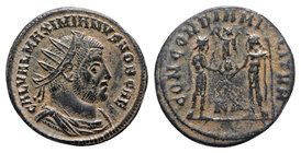 Galerius (305-311). Æ Radiate (21mm, 4.06g, 6h). Cyzicus, 295-9. Radiate and draped bust r. R/ Prince standing r. in military dress, receiving small V...